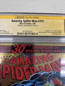 The Amazing Spider-Man (1993) # 375 (CGC 9.8 WP)  Signed Mark Bagley
