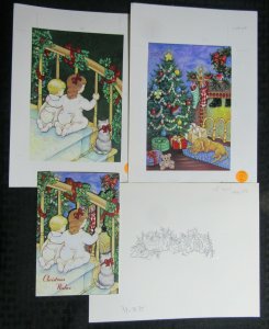 CHRISTMAS WISH Children w/ Kitten & Tree 3pcs 8x10.5 Greeting Card Art #X7035