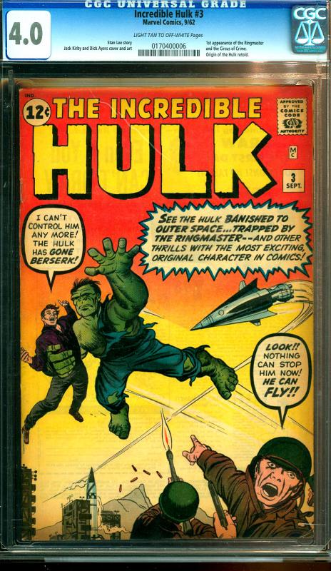 Incredible Hulk #3 CGC Graded 4.0 1st Ringmaster, Origin of the Hulk Retold