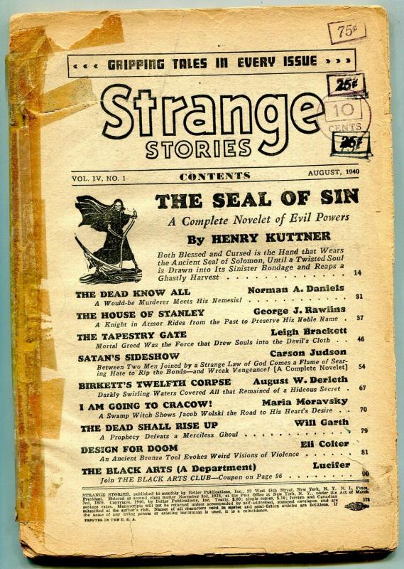 Strange Stories Pulp August 1940- Seal of Sin- Satan's Sideshow- coverless 