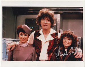 Autographed Sarah Sullivan photo with Tom Baker and Janet Fielding