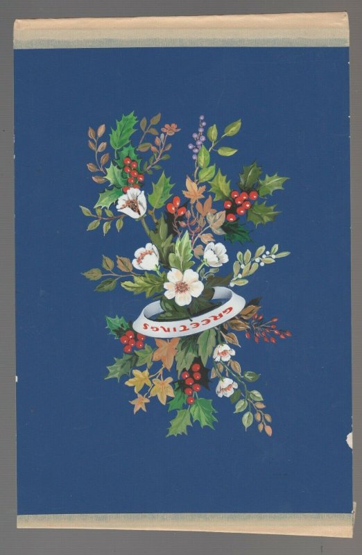 CHRISTMAS GREETINGS Ribbon w/ Flowers & Holly 6x9.5 Greeting Card Art #879