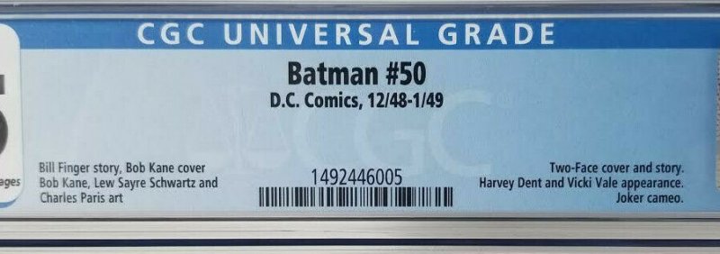 Batman #50~1949 DC~CGC 3.5 (VG-)~Two-Face Cover & Story, Dent & Vale Appearance