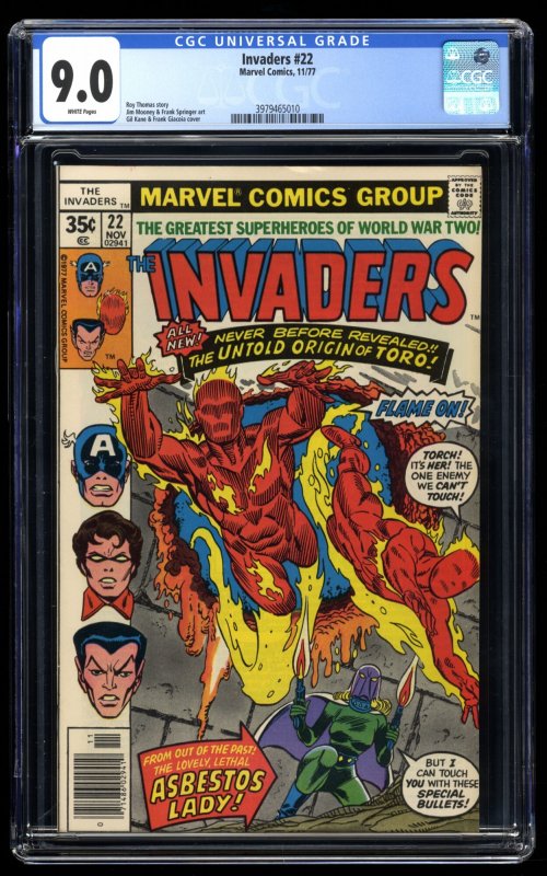 Invaders #22 CGC VF/NM 9.0 White Pages Human Torch Captain America Toro!