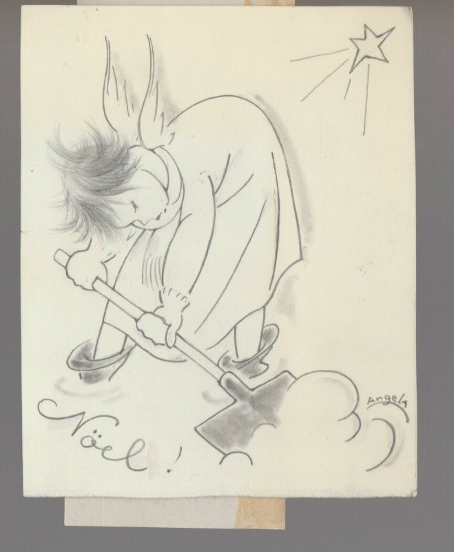 CHRISTMAS Noel Pencil Cute Angel Shoveling Cloud 4x5 Greeting Card Art #FL28