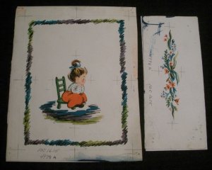 SORRY YOU'RE SICK Vintage Cute Girl in Chair 2pcs 7x8.5 Greeting Card Art #1615