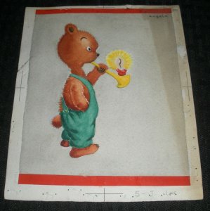 CHRISTMAS Teddy Bear in Overalls Smoking Pipe 6x7.25 Greeting Card Art #5J