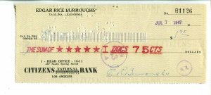 EDGAR RICE BURROUGHS SIGNED CHECK - 070/7/1947-E.D BROOKS-fn