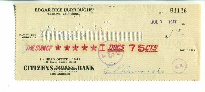 EDGAR RICE BURROUGHS SIGNED CHECK - 070/7/1947-E.D BROOKS-fn