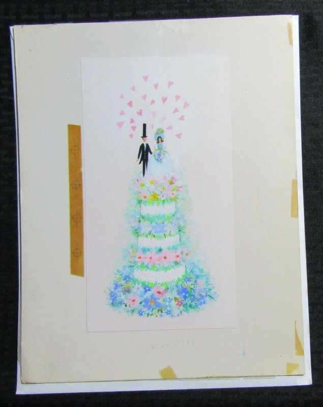 WEDDING Cute Bride & Groom on Cake w/ Hearts 11x14 Greeting Card Art #WC7783