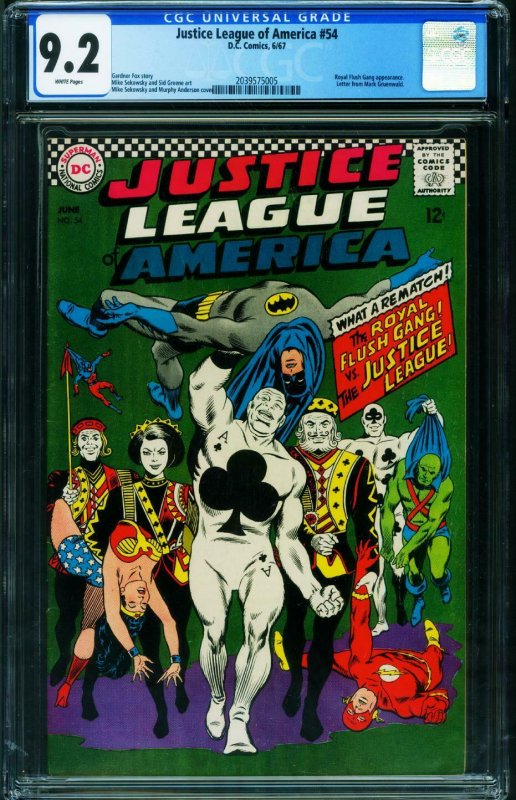 JUSTICE LEAGUE OF AMERICA #54 CGC 9.2 WHITE Royal Flush Gang 2039575005 