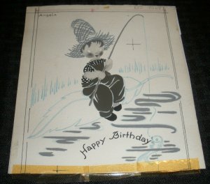 BIRTHDAY Cute Boy in Straw Hat Fishing 6x7 Greeting Card Art #nn