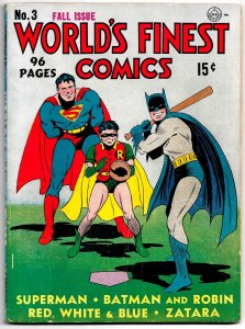 WORLD'S FINEST COMICS #3 (Fall1941) 6.0 FN Superman and Batman! Bob Kane!