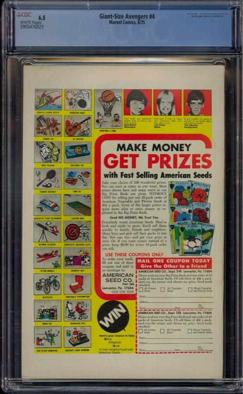 GIANT-SIZE AVENGERS #4 CGC 6.5 VISION & SCARLET WITCH WEDDING WHITE PAGES