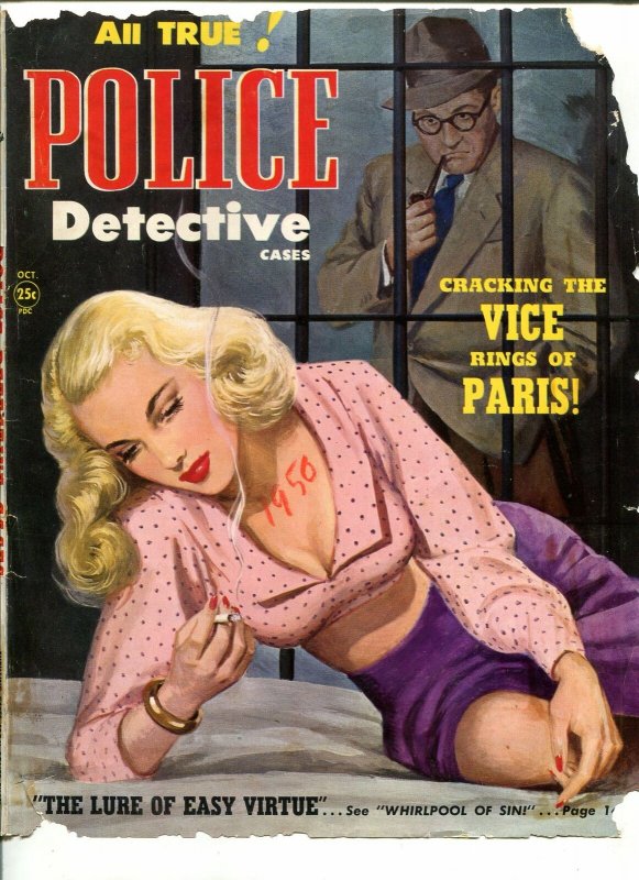 POLICE DETECTIVE CASES COVER PROOF 10/1950 SPICY-HOT BABE IN JAIL-good minus