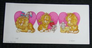 VALENTINES DAY Lion Hearted 3-Panels w/ Mouse 11.5x5.5 Greeting Card Art #nn