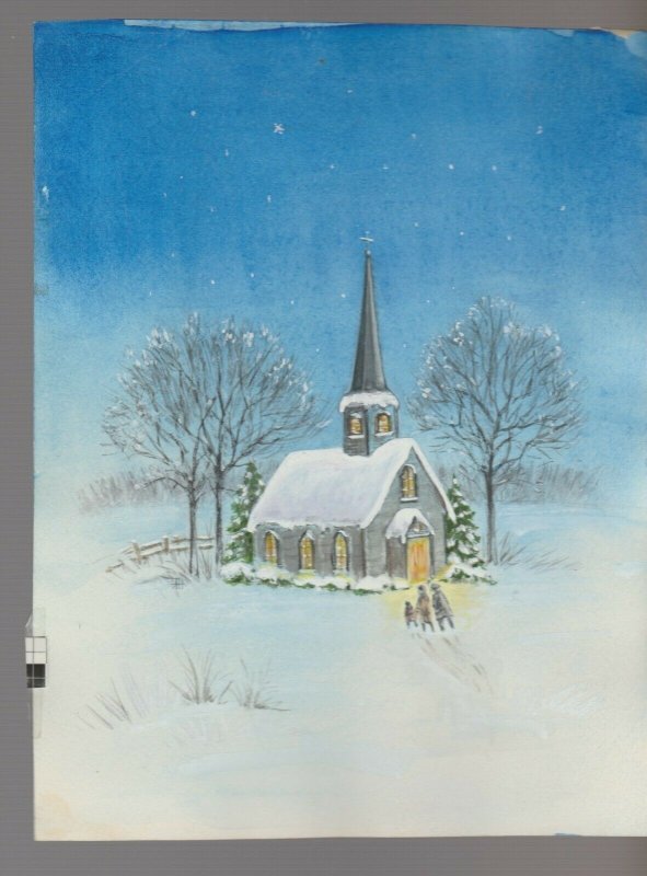 RELIGIOUS Winter Scene w/ Going to Church & Steeple 6x8 Greeting Card Art #X1234