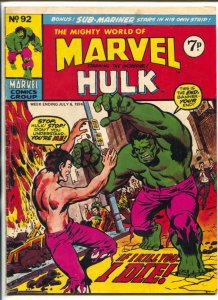 Mighty World Of Marvel #92 1974- Hulk- Sub-Mariner British comic VG