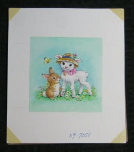 HAPPINESS Cute White Lamb with Bunny Rabbit 6.5x7.5 Greeting Card Art #7051