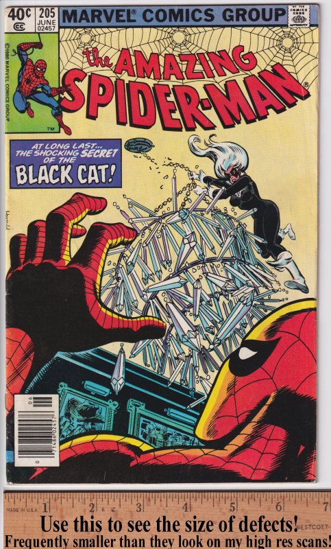 Amazing Spider-Man #205 NEWSSTAND (Jun 1980) VGF 5.0, off white. Black Cat!