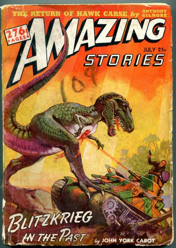 Amazing Stories Pulp July 1942- dinosaur v tank cover- Space Patrol G/VG