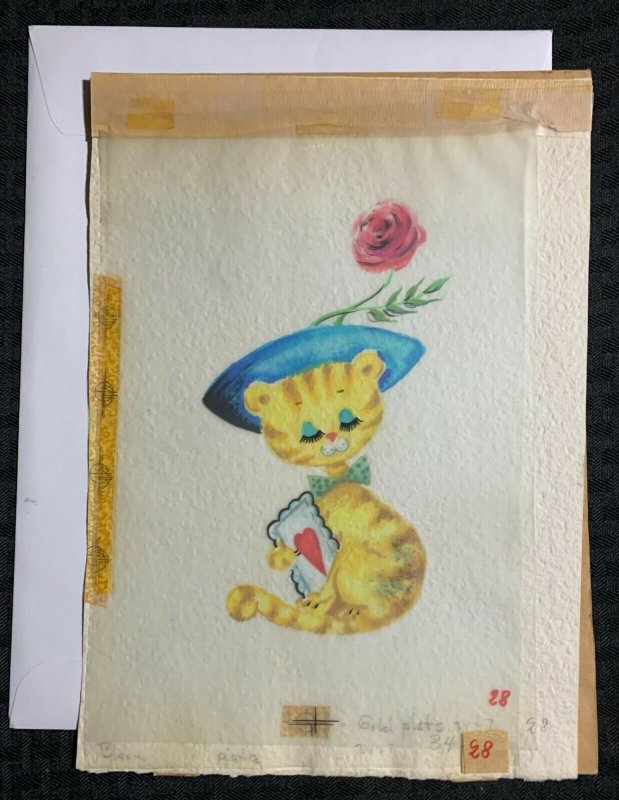 VALENTINES Painted Yellow Cat w/ Hat & Flower 8.5x11.5 Greeting Card Art #V3457