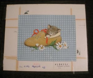 CUTE KITTEN ASLEEP IN SHOE w/ Daisies Flowers 8x7 Greeting Card Art #15411