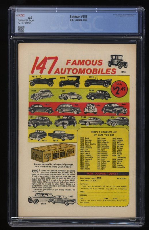 Batman #155 CGC FN 6.0 Off White 1st Appearance Silver Age Penguin!