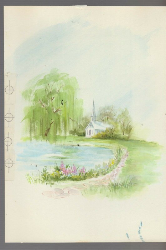 AN EASTER PRAYER Church Pond & Weeping Willow 6.5x9.5 Greeting Card Art #E2437