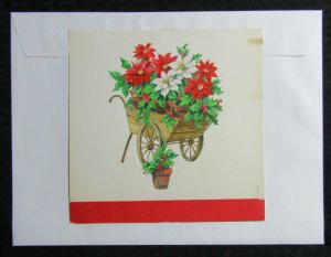 CHRISTMAS Red & White Poinsettias in Cart 7.5x7.5 Greeting Card Art #X4022