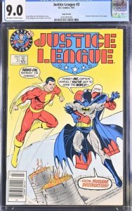 (1987) JUSTICE LEAGUE #3 NEWSSTAND LOGO TEST VARIANT COVER CGC 9.0 OW/WP!