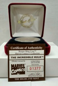 Highland Mint Marvel Medallion - Hulk - Limited Pure .999 Bronze - COA - 25,000