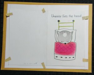 UNEASY LIES THE HEAD Sick Cartoon Cat in Bed 5x7 Greeting Card Art #C8607