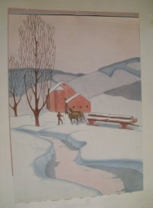 MERRY CHRISTMAS Farm w/ Horses Pulling Logs & Stream 8x11 Greeting Card Art #nn