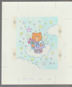 CARTOON BEAR ANGEL on Cloud w/ Stars & Flowers 8.25x9.5 Greeting Card Art #4108