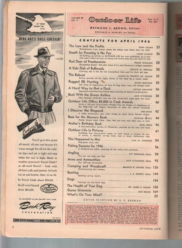 Outdoor Life 4/1946-Popular Science-hunting & fishing-bobcat print-FN