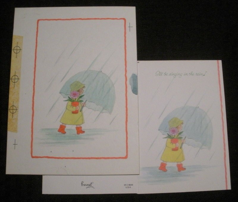 SINGING IN THE RAIN Cute Girl w/ Umbrella 5.5x7.5 Greeting Card Art #8613