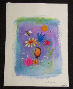 HAPPY BIRTHDAY Colorful Flowers Bird Sun & Bee 9x12 Greeting Card Art #1092