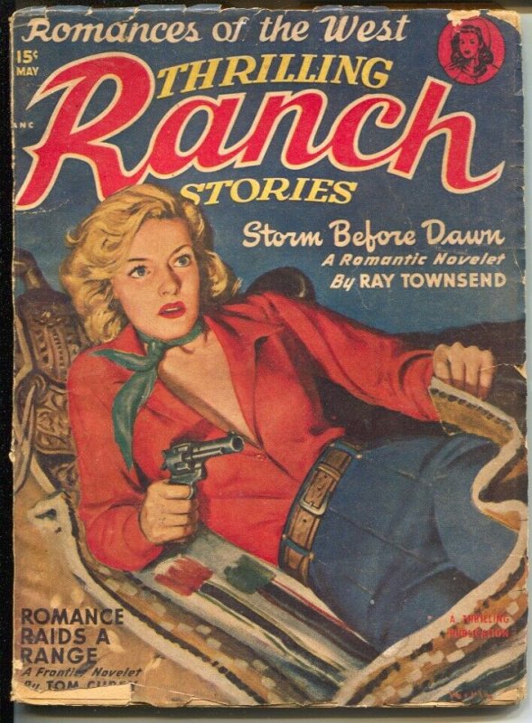 Thrilling Ranch Stories 5/1950-spicy cowgirl cover-Ray Townsend-Storm Before ...