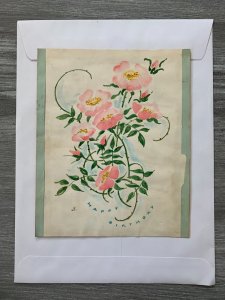 BIRTHDAY MANY GOOD WISHES Vintage Pink Flowers 7x8.52 Greeting Card Art #nn