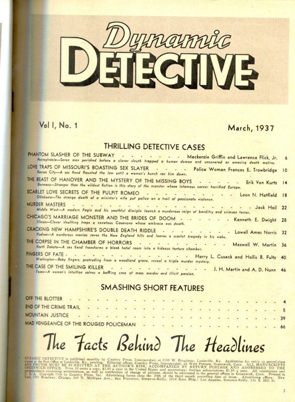 Dynamic Detective Magazine #1 March 1937- Phantom Slashers of the Subway