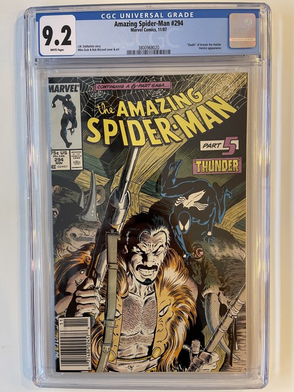 Amazing Spider Man #294  CGC 9.2 - NewsStand - Death of Kraven the Hunter (1987)