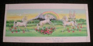 WHITE UNICORN w/ Rainow & Castle 3-Panel 11.5x5.5 Greeting Card Art #5102