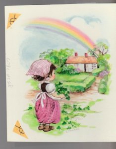 ST PADDYS DAY Cute Girl w/ Clover & Rainbow 4.5x5.75 Greeting Card Art #SP7809