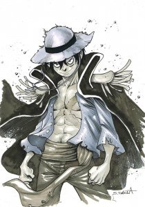 One Piece Luffy Original Art by Sergio Dávila – A4 Ink & Wash Signed