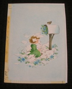 BIRTHDAY Cute Girl Burried in Letters at Mailbox 6.5x9 Greeting Card Art #549 