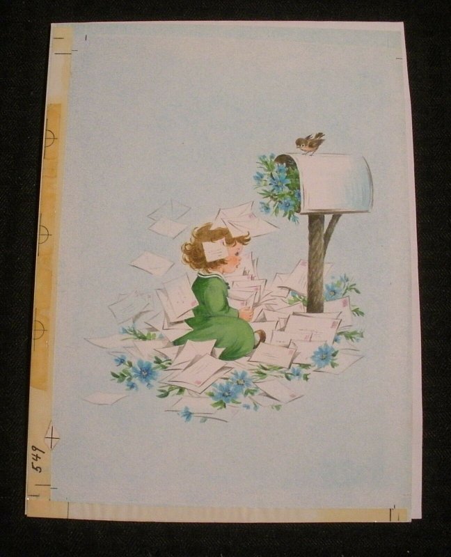 BIRTHDAY Cute Girl Burried in Letters at Mailbox 6.5x9 Greeting Card Art #549