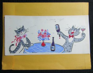 VALENTINES DAY Cartoon Cats with Champagne 17x8 Greeting Card Art #V3408