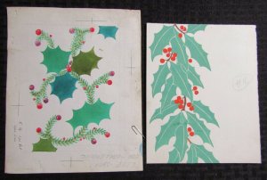 MERRY CHRISTMAS Holly Leaves on Branch w/ Berries 7x8.5 Greeting Card Art #5B