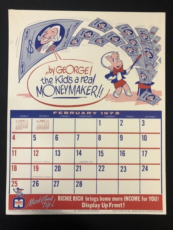 RICHIE RICH Harvey Comics Promo Sales Calendar Poster -February 1973